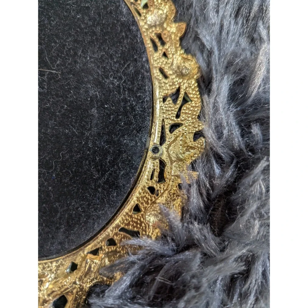 Vintage Ornate Rose Hand Mirror Gold Tone Pink Rhinestone Floral Vanity‎